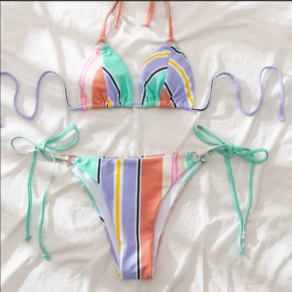 Multicolor Striped Halter Gold Circle Bikini - Picture 3 of 6